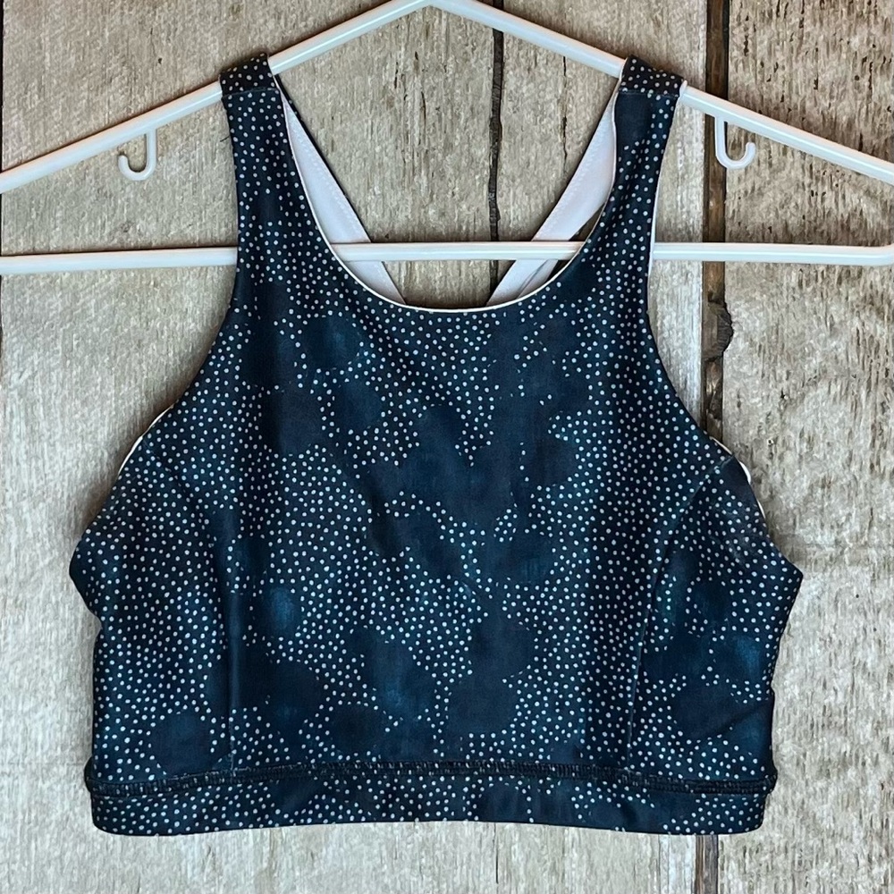 Apron sports bra crop top, small, blue dot pattern, racer back, yoga